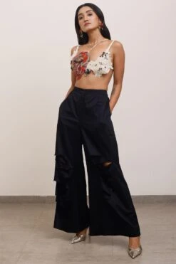 AK-OK By Anamika Khanna Black Broad Pants With Deconstructed Details