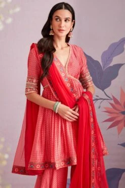 Ridhi Mehra Red Silk Short Anarkali & Gharara With Dupatta -Inca Sales Store 195rm13 3