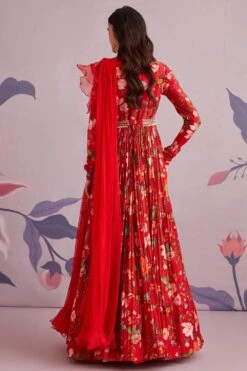 Ridhi Mehra Red Floral Pleated Anarkali With Ruffle Dupatta -Inca Sales Store 195rm4 3 1