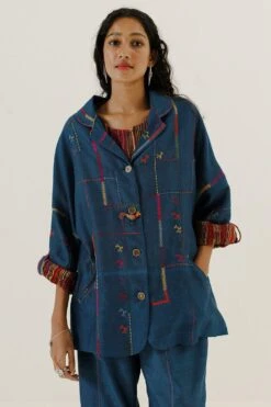 Sunira Designs Blue Handwoven Chanderi Blazer