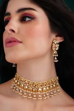 Maisara Red White Beaded Necklace Set With Pearls