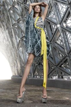 Abhishek Sharma Monochrome Draped & Printed Dress