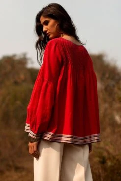 Payal Pratap Red Top With Smocking Details -Inca Sales Store 1sb 24 r 4