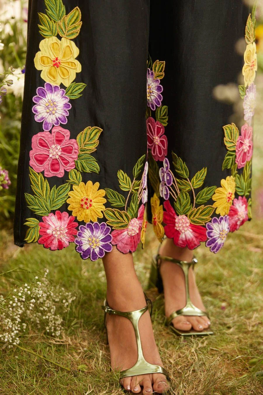 Chandrima Black Floral Applique Pants 4 Chandrima Black Floral Applique Pants - Image 2