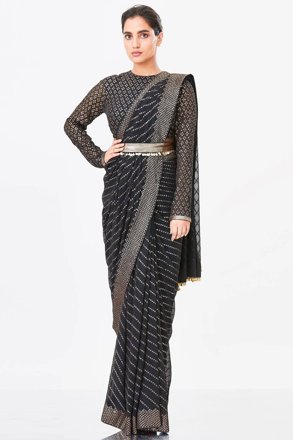 Nakul Sen Black Chiffon Sari With Sequins Bandhni 4 Nakul Sen Black Chiffon Sari With Sequins Bandhni - Image 2