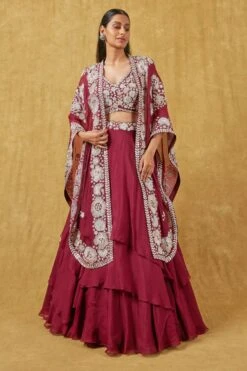 Mishru Wine Floral Embroidered Lehenga Set