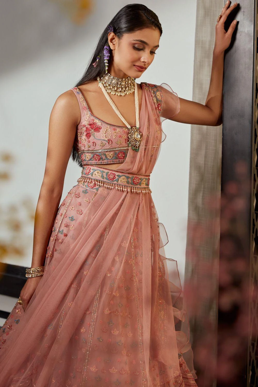 Ridhi Mehra Pink Floral Embroidered Lehenga Set 4 Ridhi Mehra Pink Floral Embroidered Lehenga Set - Image 2