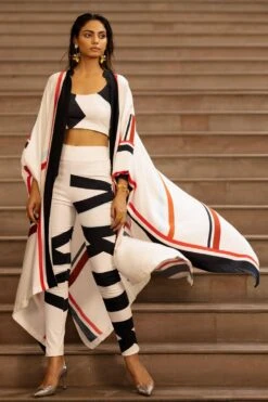 AK-OK By Anamika Khanna Black Striped Cape With Crop Top And Pants -Inca Sales Store 2108akok117 4