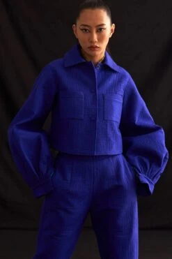 Amrich Aki Blue Woven Silk Quilted Crop Jacket -Inca Sales Store 211123ach6 3