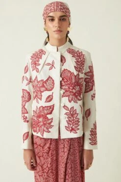 Payal Pratap Red & Ecru Band Collar Jacket -Inca Sales Store 2111ppj1 3