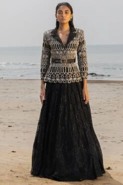 Ritika Mirchandani Black Hand Embroidered Blazer & Lehenga Set