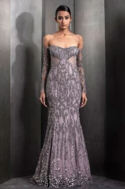 Rohit Gandhi + Rahul Khanna Rose Steel Meridian Fish Cut Gown