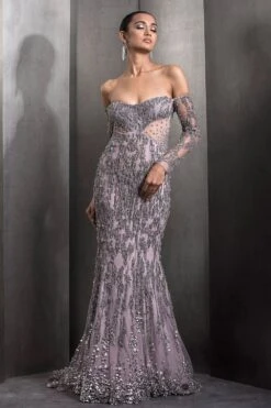 Rohit Gandhi + Rahul Khanna Rose Steel Meridian Fish Cut Gown -Inca Sales Store 2124rgrk10 3
