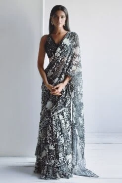 Arpita Mehta Black Garden Print Ruffle Sari Set