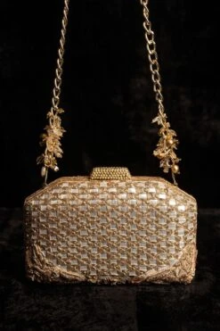 Tarun Tahiliani Accessories Gold Hand Embroidered Mirror Clutch