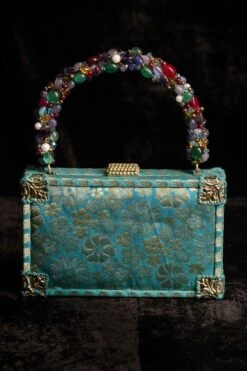 Tarun Tahiliani Accessories Turquoise Hand Woven Phool Chadar Brocade Case Bag