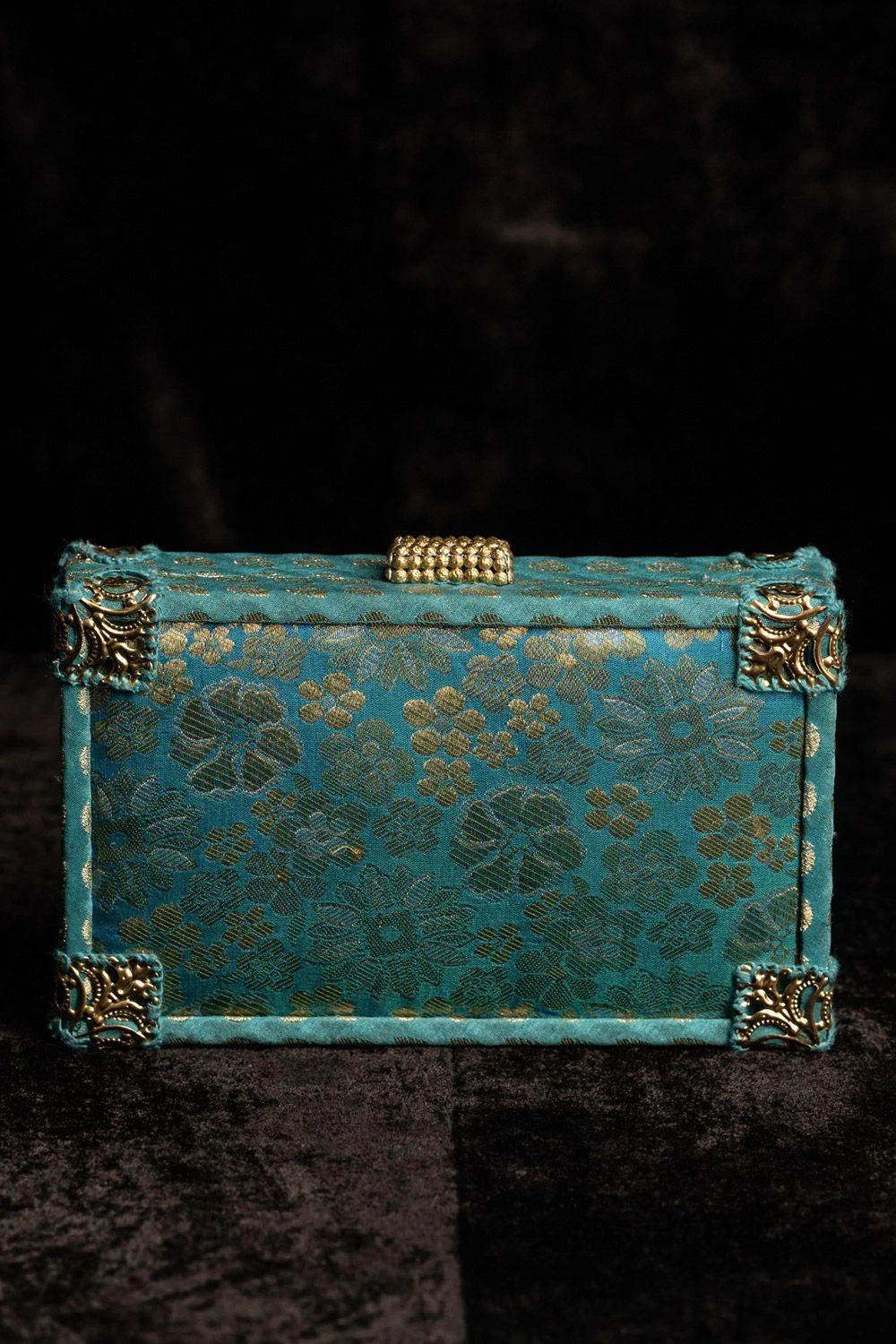 Tarun Tahiliani Accessories Turquoise Hand Woven Phool Chadar Brocade Case Bag 4 Tarun Tahiliani Accessories Turquoise Hand Woven Phool Chadar Brocade Case Bag - Image 2