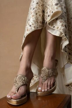 Art Apparel Gold Floral Embellished Wedges