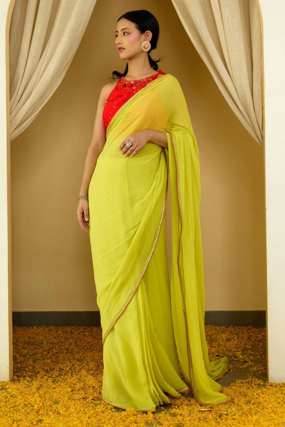 Nikasha Lime Green Pure Silk Chiffon Sari Set 3 Nikasha Lime Green Pure Silk Chiffon Sari Set