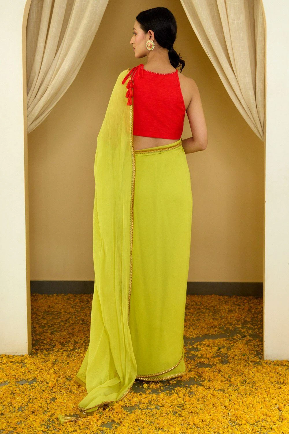 Nikasha Lime Green Pure Silk Chiffon Sari Set 7 Nikasha Lime Green Pure Silk Chiffon Sari Set - Image 5