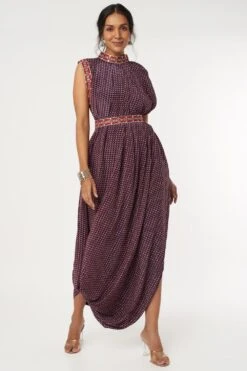 SVA Blue Leaf Printed Dress With An Embellished Belt