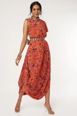 SVA Orange Jaal Printed Dress With An Embellished Belt