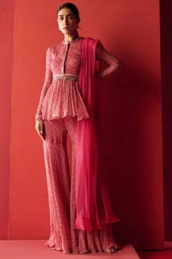 Ridhi Mehra Red Silk Peplum & Gharara Set With Dupatta