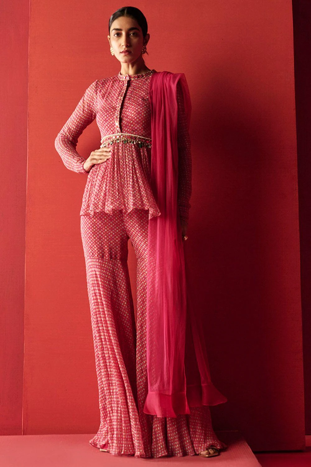 Ridhi Mehra Red Silk Peplum & Gharara Set With Dupatta 4 Ridhi Mehra Red Silk Peplum & Gharara Set With Dupatta - Image 2