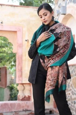 Dusala India Green Cashmere Fine Wool Aari Work Stole