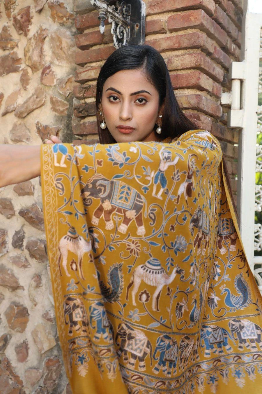 Dusala India Mustard Aari Work Handwoven Cashmere Stole 5 Dusala India Mustard Aari Work Handwoven Cashmere Stole - Image 3