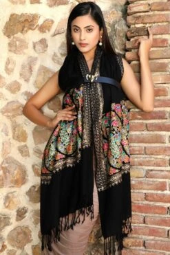 Dusala India Black Cashmere Fine Wool Aari Work Stole