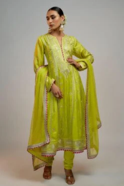 Gopi Vaid Chartreuse Chic Sequin Adorned Anarkali Set
