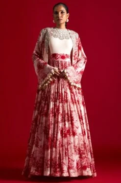 Bhumika Sharma Champagne-red Blossom Anarkali Set