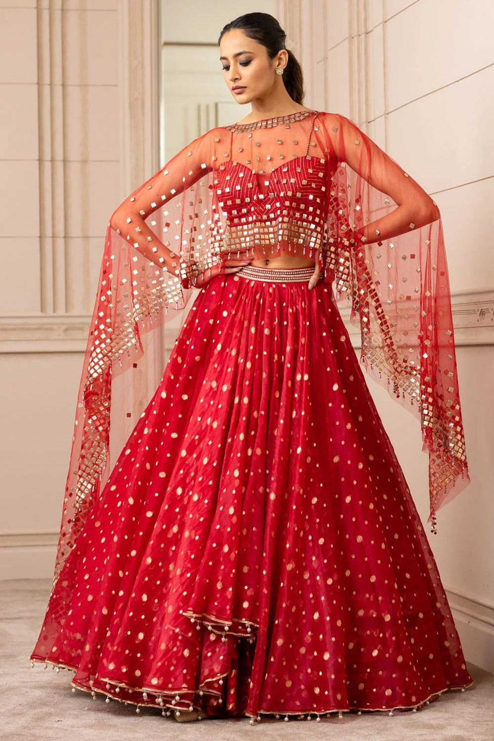 Tarun Tahiliani Red Asymmetric Organza Brocade Lehenga Set 3 Tarun Tahiliani Red Asymmetric Organza Brocade Lehenga Set