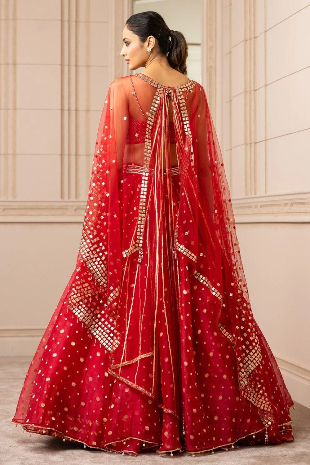 Tarun Tahiliani Red Asymmetric Organza Brocade Lehenga Set 6 Tarun Tahiliani Red Asymmetric Organza Brocade Lehenga Set - Image 4