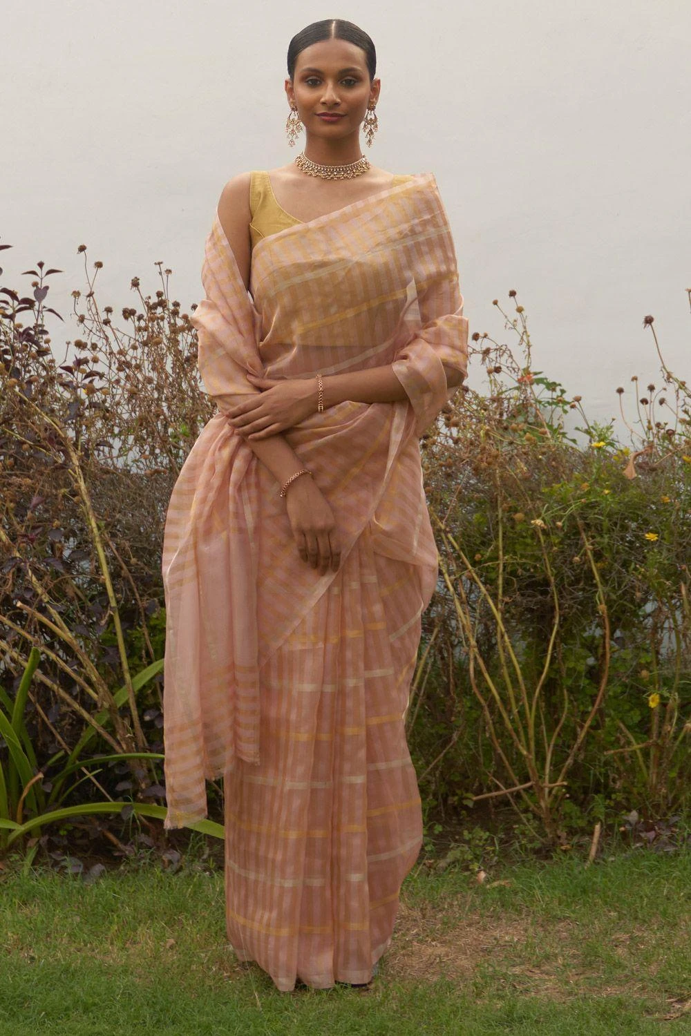 Five Point Five Peach & Gold Geometrical Motif Sari 3 Five Point Five Peach & Gold Geometrical Motif Sari