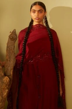 Sarang Kaur Maroon Hand Embroidered Cutwork Dupatta -Inca Sales Store 228sk6 4