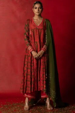 Pooja Keyur Olive Green Organza Embroidered Dupatta