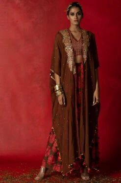 Pooja Keyur Brown Embroidered Cape Set