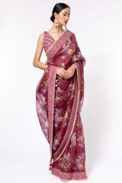 Torani Ruby Red Floral Sari With Blouse Piece -Inca Sales Store 22tor1 3