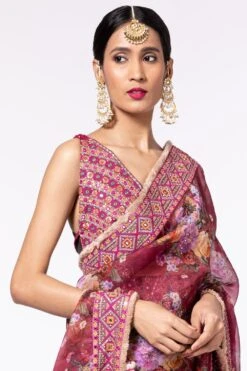 Torani Ruby Red Floral Sari With Blouse Piece -Inca Sales Store 22tor1 4