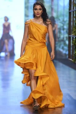 Gauri & Nainika Mustard Asymmetrical High Low Gown -Inca Sales Store 2311gn14 1