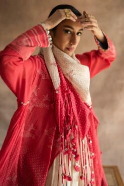 Swatti Kapoor Red Chanderi Mul Tasseles Scarf -Inca Sales Store 233swk6 3