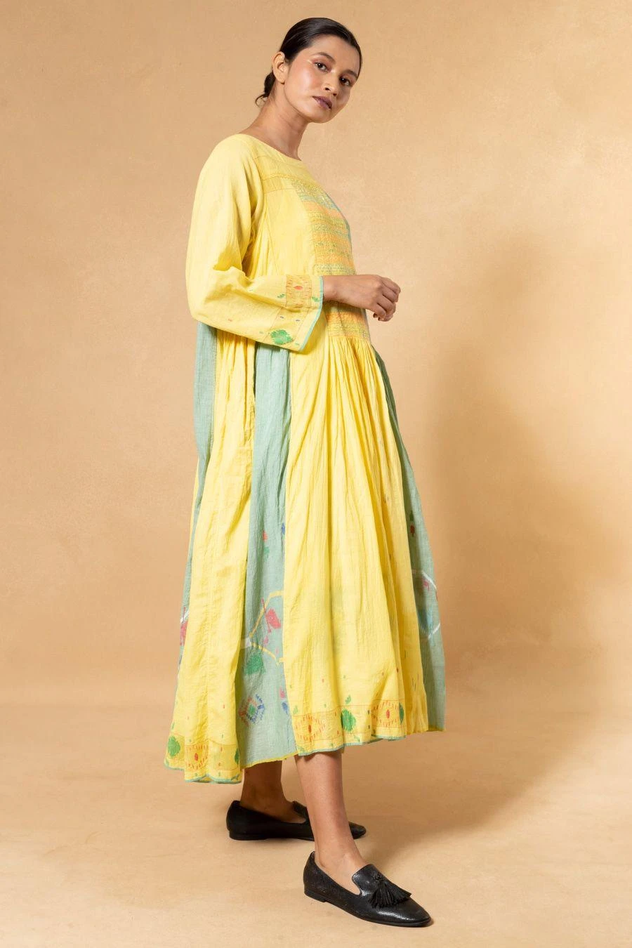 Injiri Yellow & Mint Green Handwoven Jamdani Dress 5 Injiri Yellow & Mint Green Handwoven Jamdani Dress - Image 3