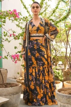 Varun Bahl Pret Azalea Grey Floral Printed Cape Set