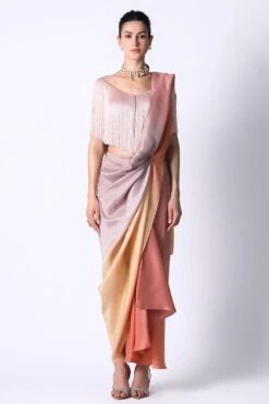 431-88 By Shweta Kapur Erica Fringe Top With An Ombre Masai Godet Sari