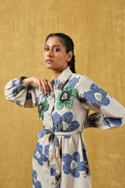 Dhruv Kapoor Blue Handcrafted Macro Floral Printed Dress -Inca Sales Store 2501dk01 4