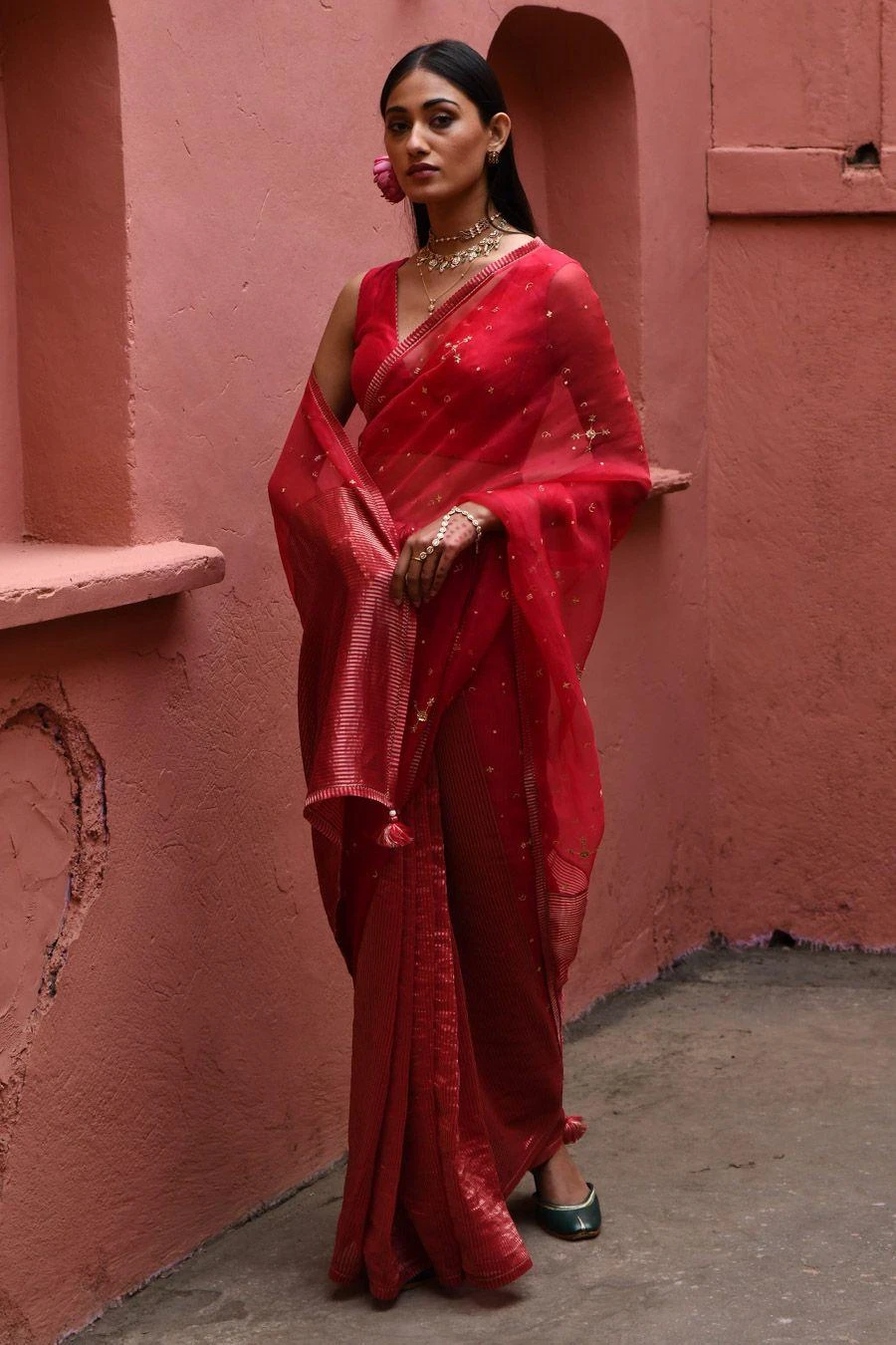 Deep Thee Vermillion Half And Half Sari Set 4 Deep Thee Vermillion Half And Half Sari Set - Image 2