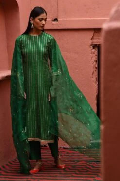 Deep Thee Green Striped Straight Kurta Set