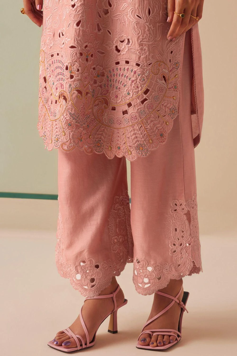Chandrima Old Rose Tonal Cutwork Pants 4 Chandrima Old Rose Tonal Cutwork Pants - Image 2